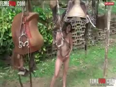 An amateur fetching brunette with a fantastic physique enjoys having sex outside with her horse.
